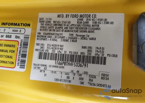 2015 Ford Mustang Ecoboost z USA, uszkodzony, nr VIN 1FA6P8TH4F5336791